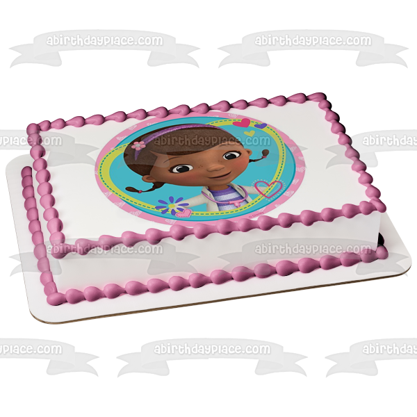 Doc McStuffins Hearts Flowers and a Stethoscope Edible Cake Topper Image ABPID05694