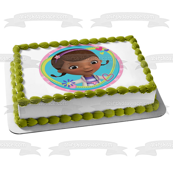 Doc McStuffins Hearts Flowers and a Stethoscope Edible Cake Topper Image ABPID05694