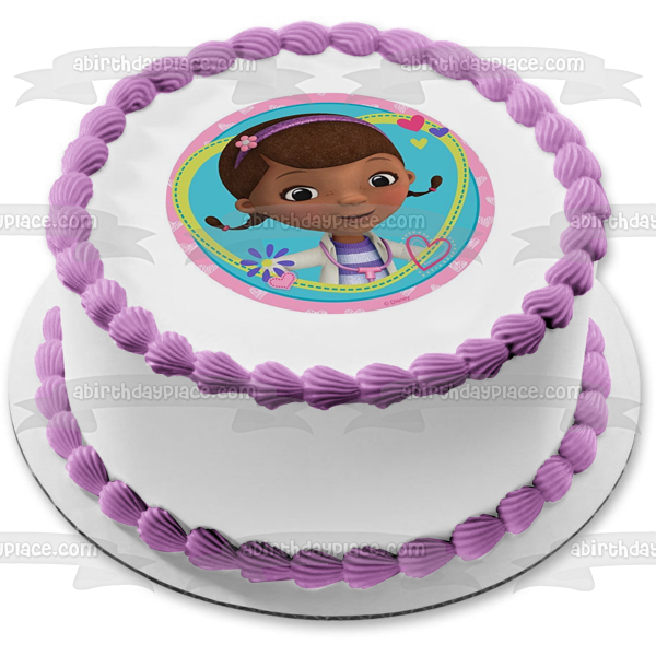 Doc McStuffins Hearts Flowers and a Stethoscope Edible Cake Topper Image ABPID05694