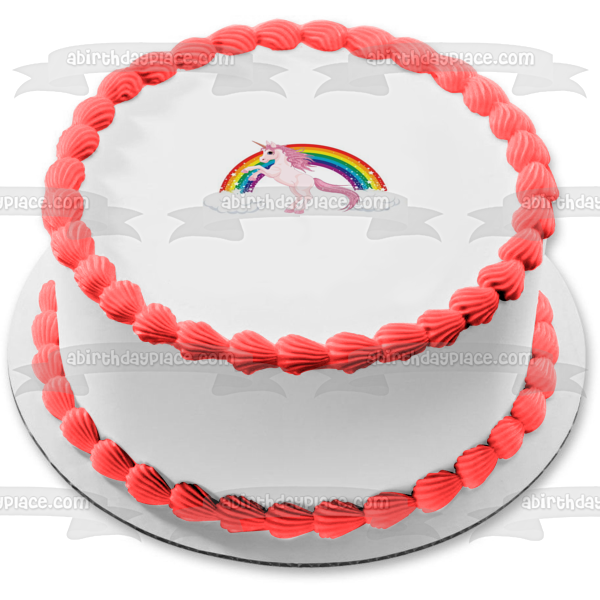 Adorno comestible para tarta con diseño de unicornio rosa, arcoíris y nubes, imagen ABPID05728 