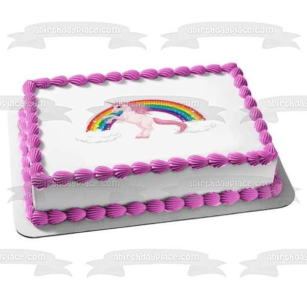 Adorno comestible para tarta con diseño de unicornio rosa, arcoíris y nubes, imagen ABPID05728 