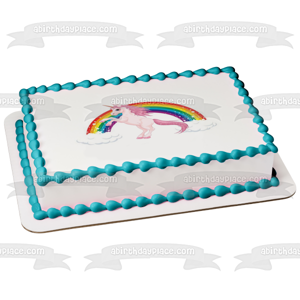 Adorno comestible para tarta con diseño de unicornio rosa, arcoíris y nubes, imagen ABPID05728 