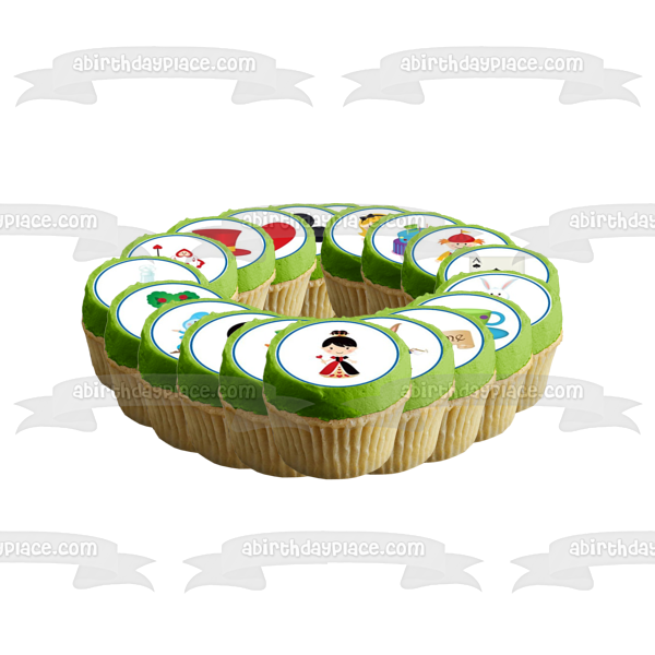 Bebé Alicia en el País de las Maravillas Personajes Gato de Cheshire Oruga el Sombrerero Loco Jugando a las cartas y el Conejo Blanco Imágenes comestibles para cupcakes ABPID01299 