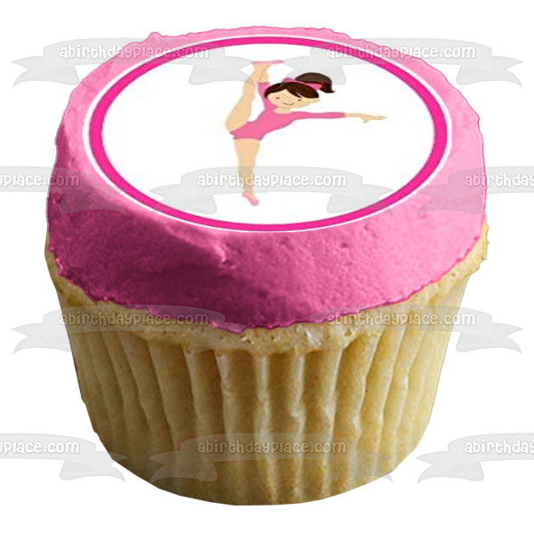 Imágenes de decoración comestible para cupcakes con medallas rosas y poses de chicas de gimnasia ABPID01344 