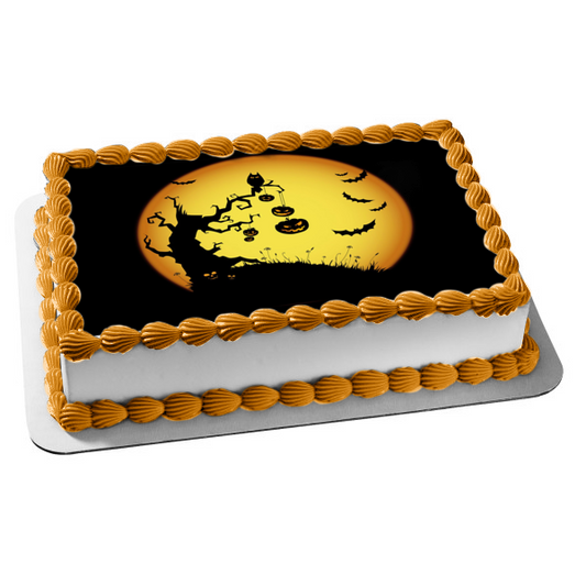 Happy Halloween Pumpkins Bats and a Creepy Tree Edible Cake Topper Image ABPID05818