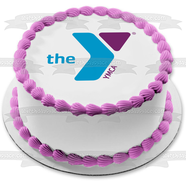 Imagen comestible para decoración de tarta con el logotipo de Ymca, color morado y azul, ABPID05832 