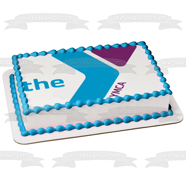 Imagen comestible para decoración de tarta con el logotipo de Ymca, color morado y azul, ABPID05832 