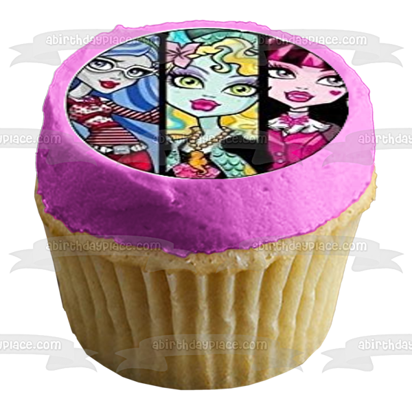 Monster High Clawdeen Wolf Lagoona Blue Cleo De Nile Draculaura Frankie Stein and Ghoulia Yelps Edible Cupcake Topper Images ABPID03438