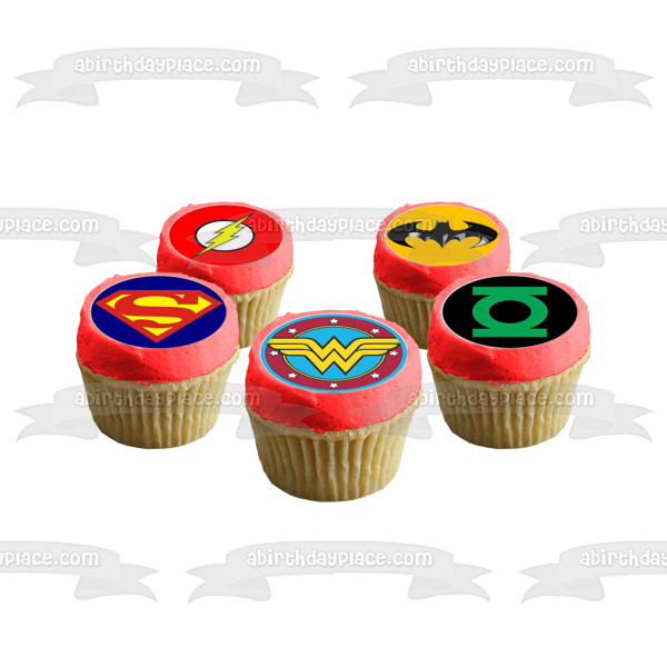 Superhero Logo Superman Batman the Flash Wonder Woman and Green Lantern Edible Cupcake Topper Images ABPID03442