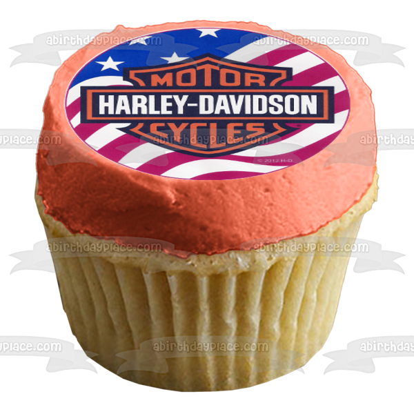 Harley-Davidson Motor Cycles Logo and the American Flag Edible Cupcake Topper Images ABPID03561