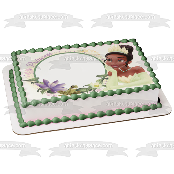 Marco de imagen comestible para decoración de tarta con flores y una rana de la princesa Tiana ABPID05923 