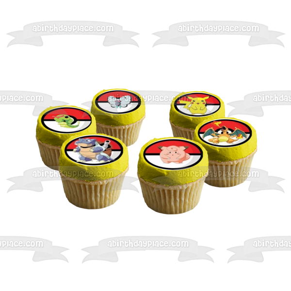 Pokemon Poke Ball's Squirtle Pikachu Snorlax Butterfree Charmander and Psyduck Edible Cupcake Topper Images ABPID04542