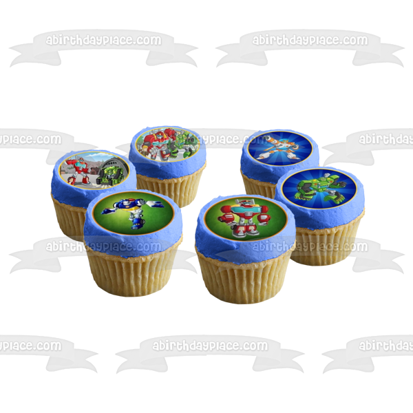 Transformers Rescue Bots Logo Optimus Prime Boulder Blades Quickshadow and Chase Edible Cupcake Topper Images ABPID06199