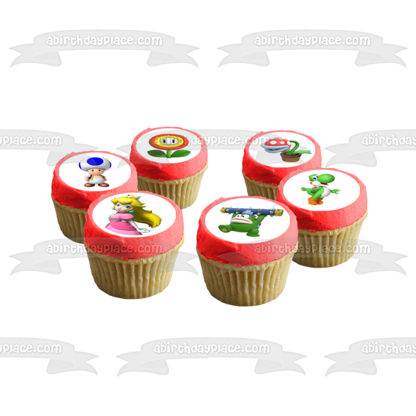 Super Mario Brothers Luigi Yoshi Toad Starman Champiñones y cerezas Imágenes comestibles para cupcakes ABPID06237 