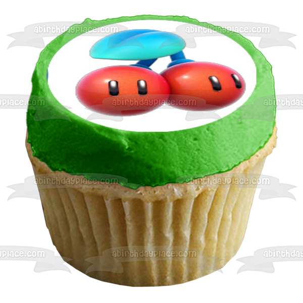 Super Mario Brothers Luigi Yoshi Toad Starman Champiñones y cerezas Imágenes comestibles para cupcakes ABPID06237 