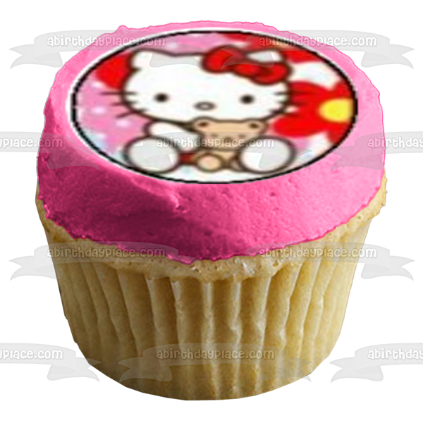 Imágenes de decoración comestible para cupcakes con osito de peluche y flores de Hello Kitty ABPID06269 