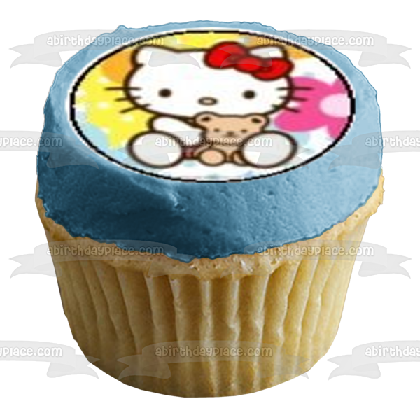 Imágenes de decoración comestible para cupcakes con osito de peluche y flores de Hello Kitty ABPID06269 