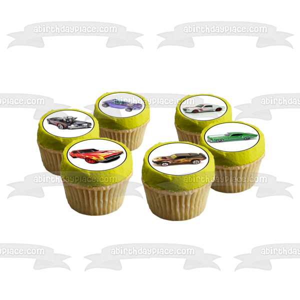 Imágenes de decoración comestible para cupcakes de Muscle Cars, verde, amarillo, azul y blanco, ABPID06375 