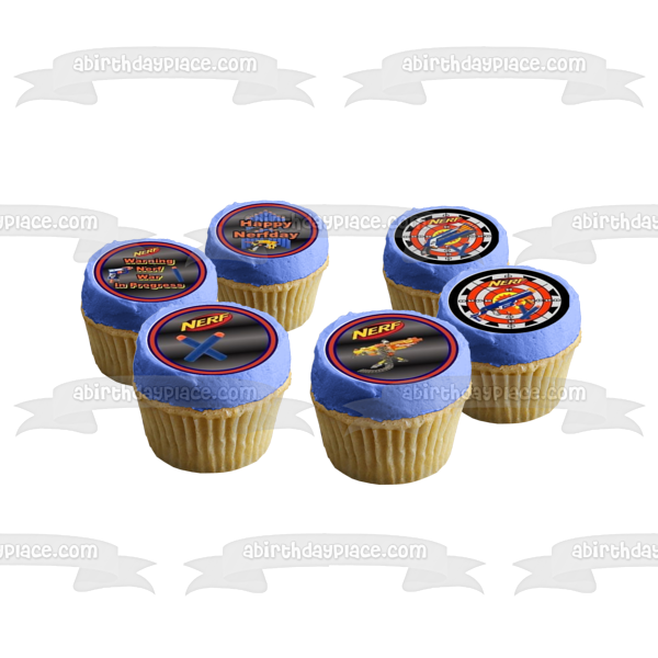 NERF Feliz cumpleaños Nerfday Pistolas y dardos Imágenes comestibles para cupcakes ABPID07517 