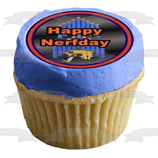 NERF Feliz cumpleaños Nerfday Pistolas y dardos Imágenes comestibles para cupcakes ABPID07517 