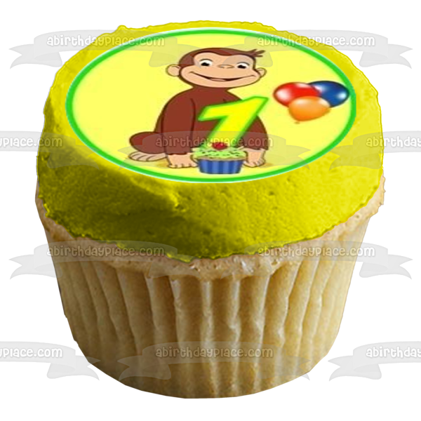 Curious George Happy 1st Birthday Balloons and Cupcakes Edible Cupcake Topper Images ABPID07664