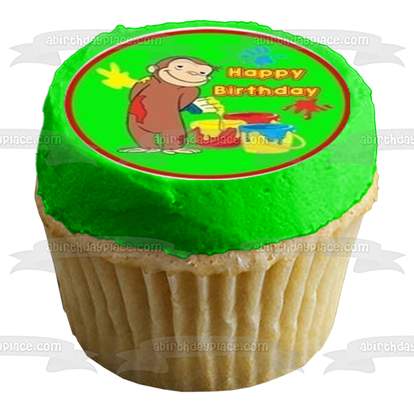 Curious George Happy 1st Birthday Balloons and Cupcakes Edible Cupcake Topper Images ABPID07664