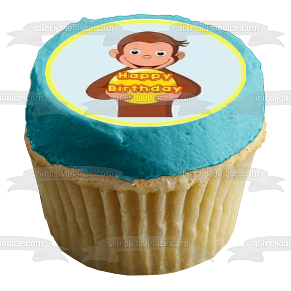 Curious George Happy 1st Birthday Balloons and Cupcakes Edible Cupcake Topper Images ABPID07664