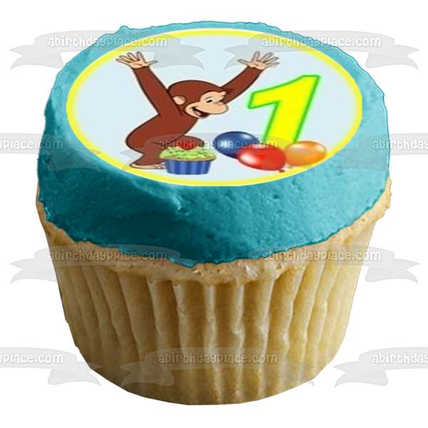 Curious George Happy 1st Birthday Balloons and Cupcakes Edible Cupcake Topper Images ABPID07664