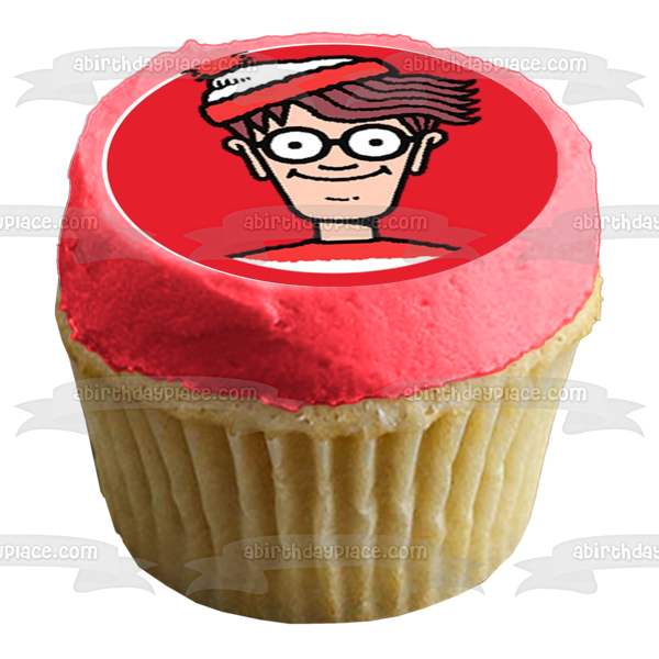 ¿Dónde está Wally? Fondo rojo con signos de interrogación. Imágenes comestibles para decoración de cupcakes ABPID08232. 