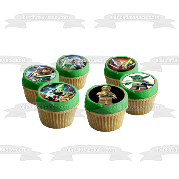 LEGO Star Wars R2-D2 C-3PO Chewbaca Princesa Leia Hans Solo Yoda Obi-Wan Kenobi Sables de luz Imágenes comestibles para cupcakes ABPID08900 