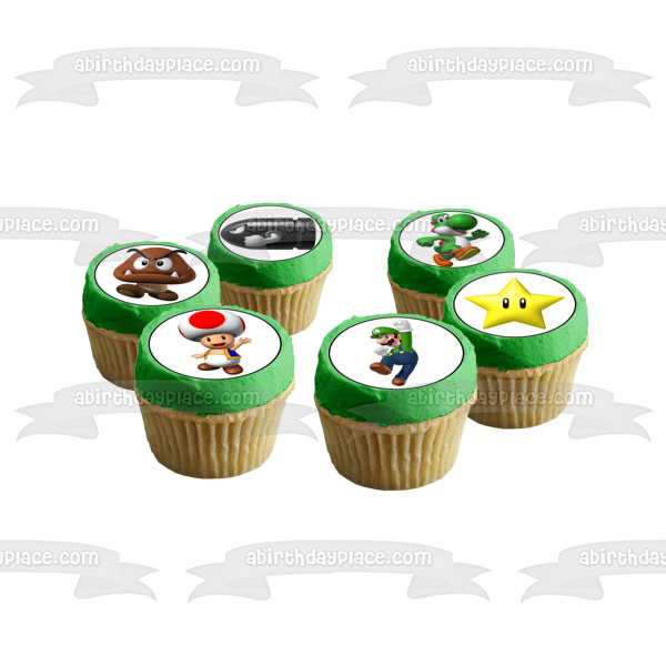 Super Mario Brothers Luigi Yoshi Toad Starman 1-up Mushroom Cheep Cheeps Imágenes comestibles para cupcakes ABPID08946 