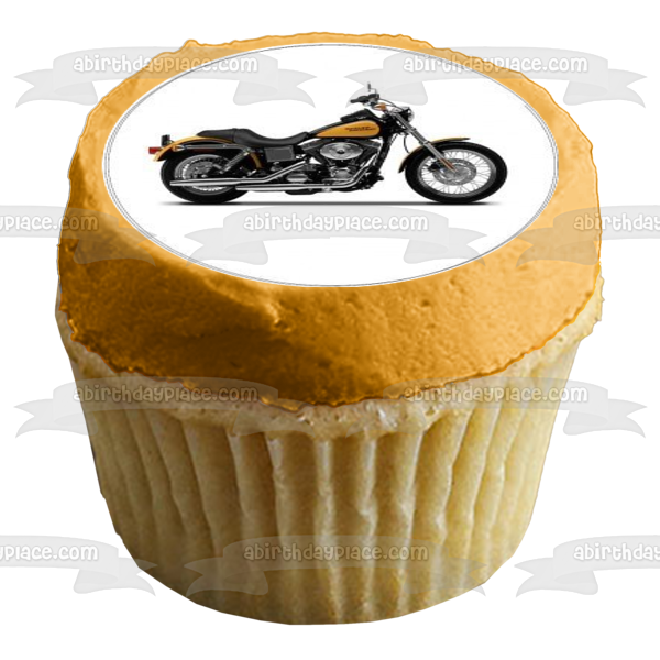 Imágenes de decoración comestible para cupcakes de motocicleta Harley-Davidson amarilla y negra ABPID09168 