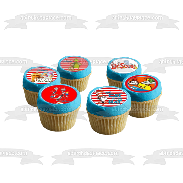 Dr. Seuss Portadas de libros Zorro en Sox Un pez Dos peces Pez rojo Pez azul El gato con sombrero El Grinch Imágenes comestibles para cupcakes ABPID24409 