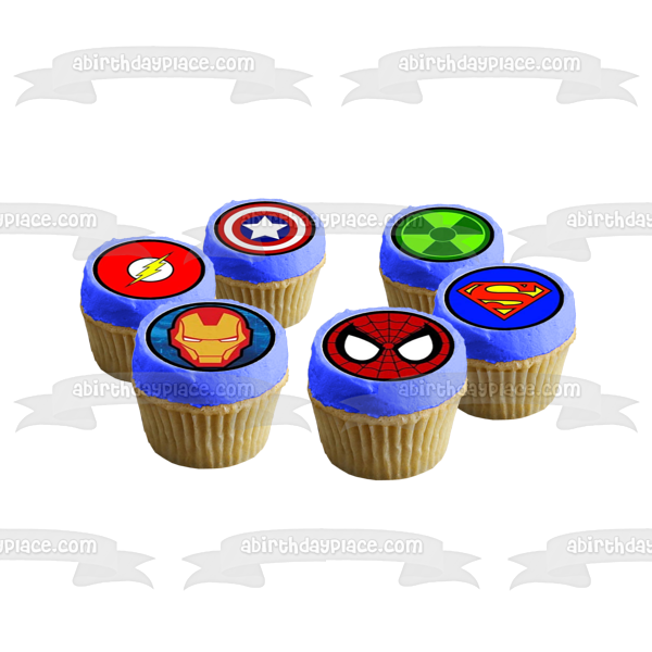 Logotipos de superhéroes DC Marvel Iron Man Spider-Man Super Man Thor the Flash Green Lantern Capitán América Batman Edible Cupcake Topper Imágenes ABPID50389 