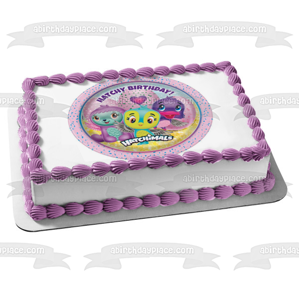 Hatchy Cumpleaños Hatchimals Corazones Fondo Púrpura Imagen Comestible Para Pastel ABPID00201 