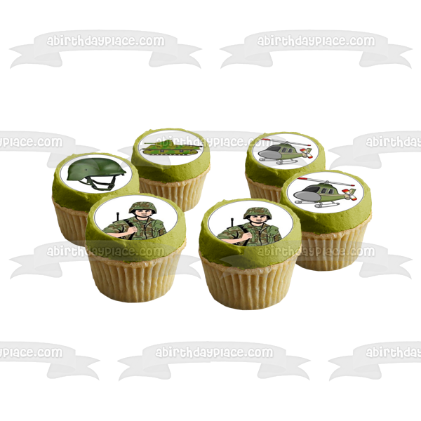 Dibujos animados ejército soldado helicóptero emblema tanque casco insignia comestible Cupcake Topper imágenes ABPID00959 