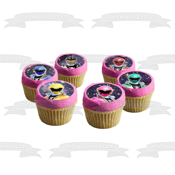 Power Rangers Pink Ranger Green Ranger Gold Ranger Blue Ranger Red Ranger Silver Ranger Cosmic Background Edible Cupcake Topper Images ABPID14845