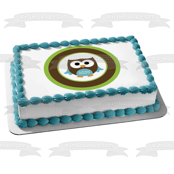 Baby Owl Brown and Blue Edible Cake Topper Image ABPID06362