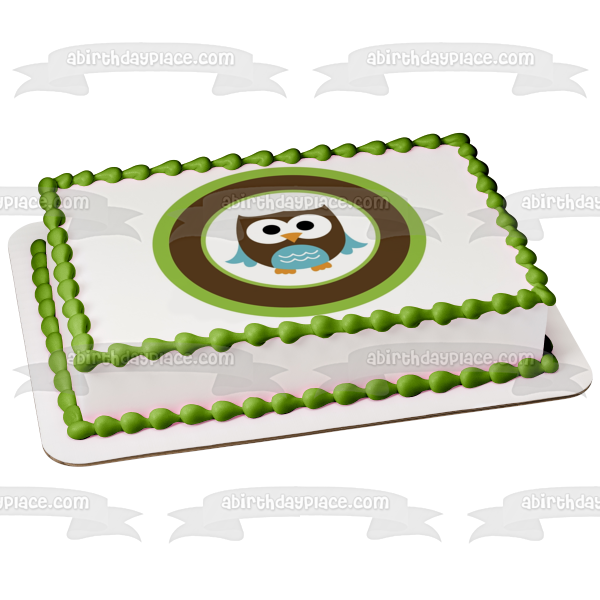 Baby Owl Brown and Blue Edible Cake Topper Image ABPID06362