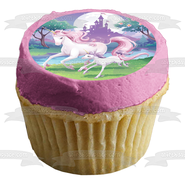 Unicorns Mom and Baby Trees Castle Moonlight Edible Cake Topper Image ABPID00208