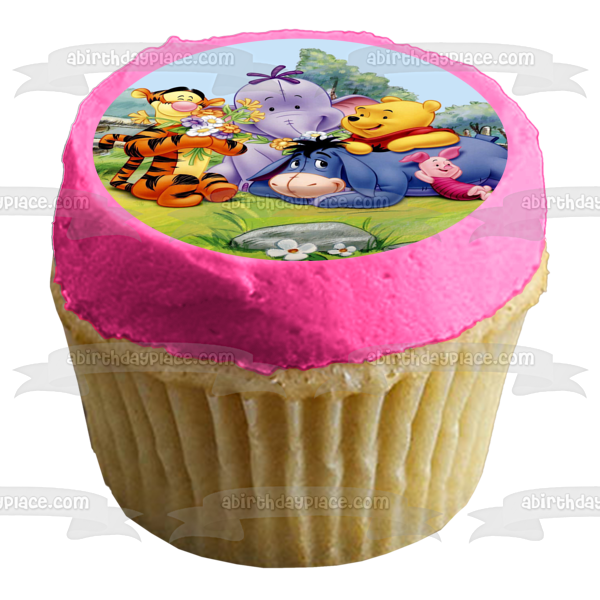 Winnie the Pooh Eeyore Piglet Tigger Heffalump tendido sobre la hierba flores comestible decoración para tarta imagen ABPID00376