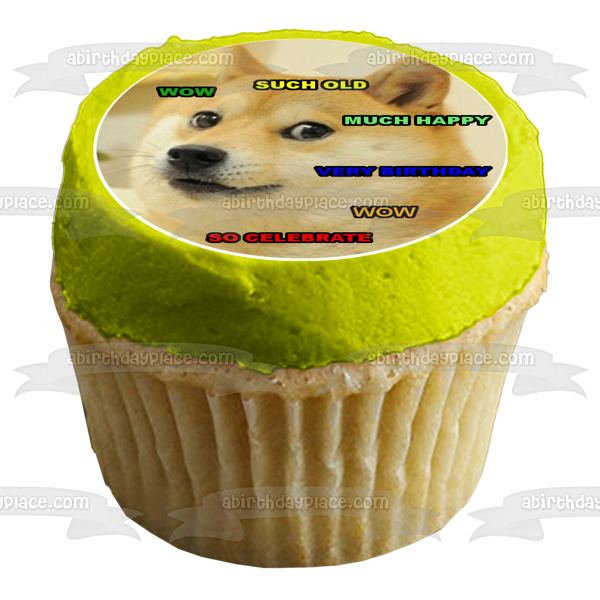 Feliz cumpleaños Doge Shiba Inu Dog Wow, tan viejo, mucho, feliz cumpleaños, así que celebra la imagen comestible para decoración de tarta ABPID00636 