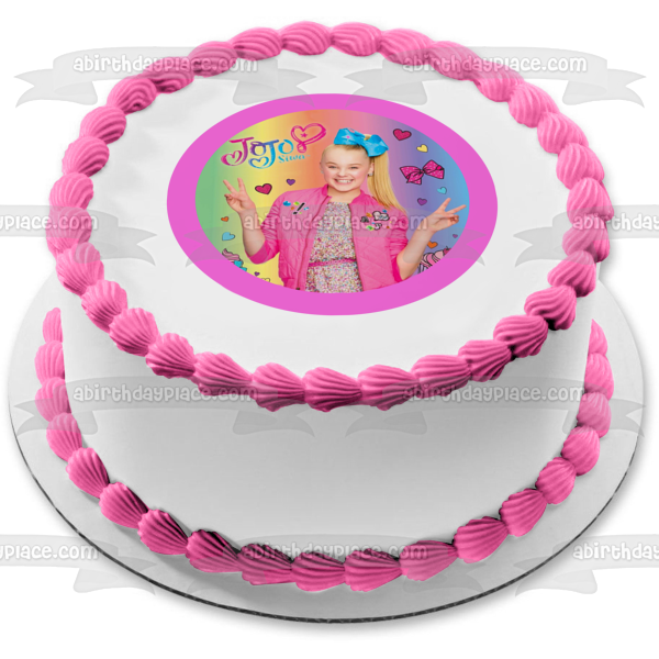 Imagen de decoración comestible para tarta con lazos y cupcakes de corazones de la paz de Jojo Siwa ABPID00686 