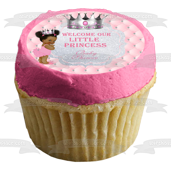 Bienvenido a nuestra pequeña princesa Afro Puff Baby Shower adorno comestible para tarta imagen ABPID00735 