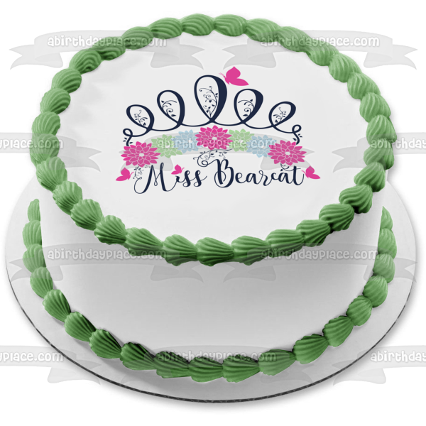 Miss Bearcat Flowers Butterfly Pink Blue Green Edible Cake Topper Image ABPID00818