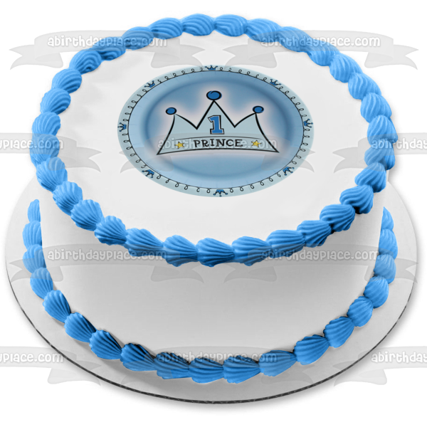 Imagen comestible para tarta de primer cumpleaños con corona azul y príncipe ABPID00858 