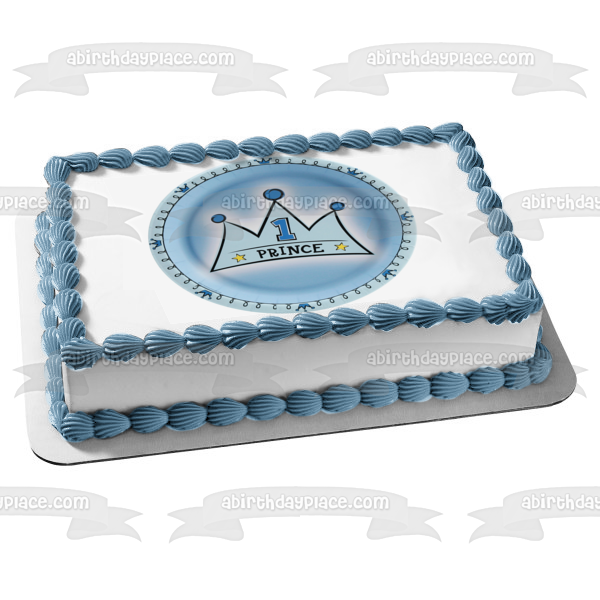 Imagen comestible para tarta de primer cumpleaños con corona azul y príncipe ABPID00858 