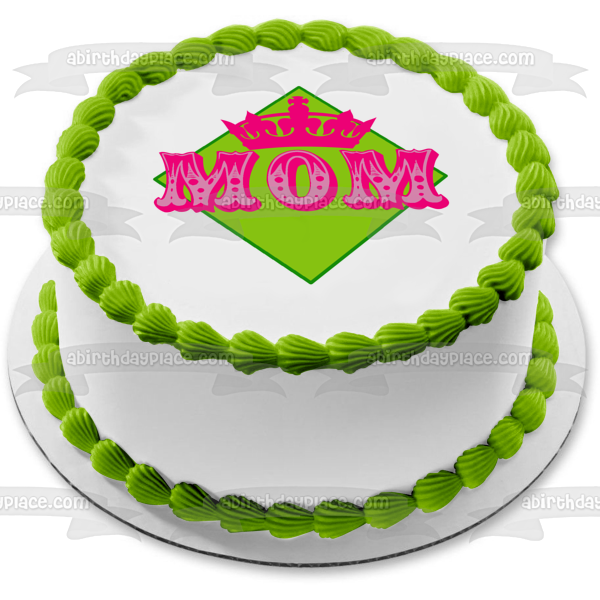 Imagen comestible para decoración de tarta con fondo de diamante verde y corona rosa de mamá ABPID01167 