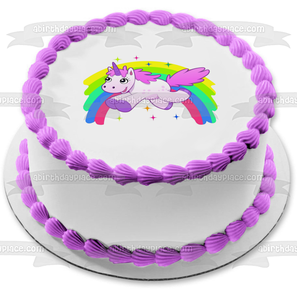 Adorno comestible para tarta con diseño de unicornio, arcoíris y estrellas, imagen ABPID01335 