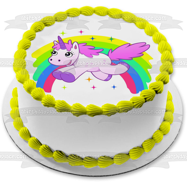 Adorno comestible para tarta con diseño de unicornio, arcoíris y estrellas, imagen ABPID01335 